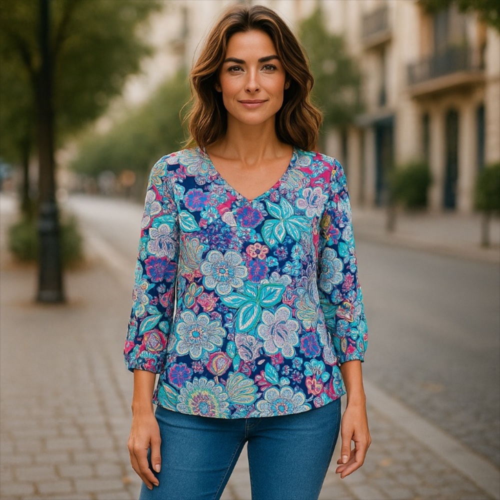 3/$25 T by Talbots Blue and Pink Floral Blouse Size MP